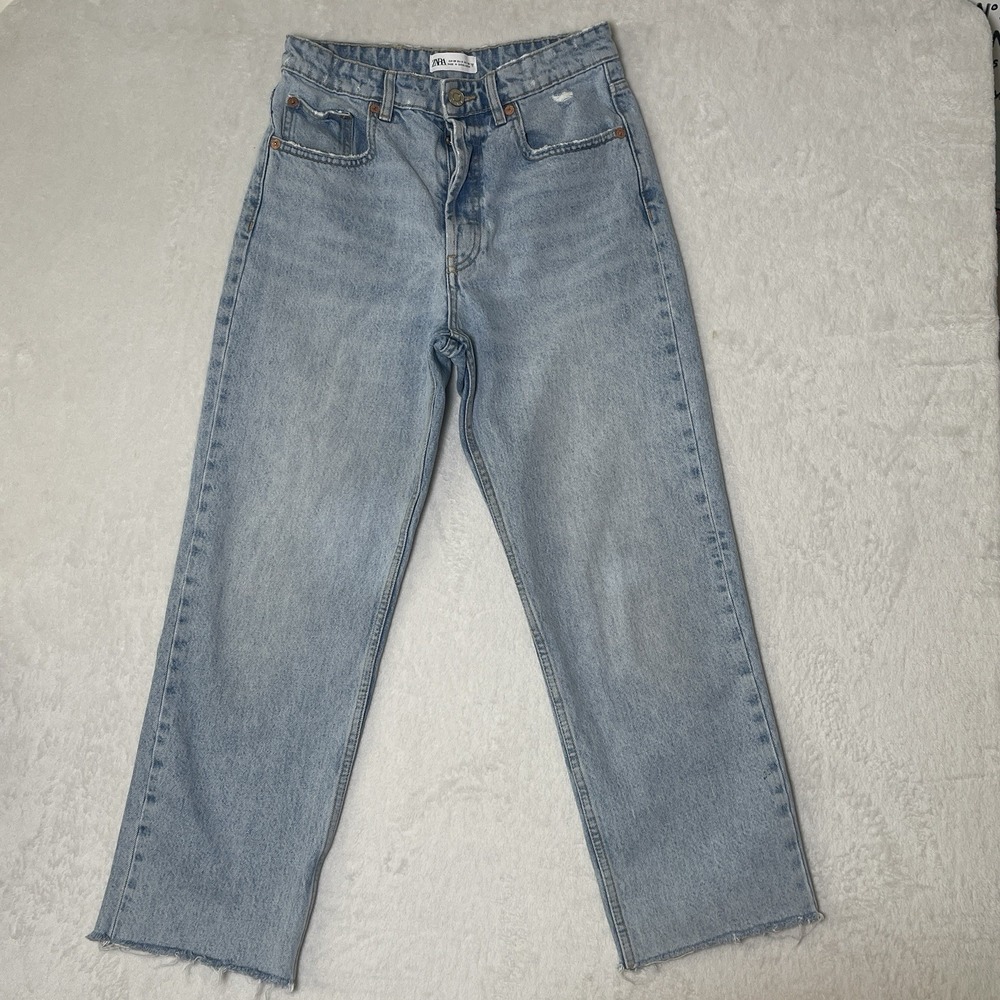 Zara Womens High Rise Straight Leg Jeans Frayed Hem Light Wash Cotton Denim Sz 6